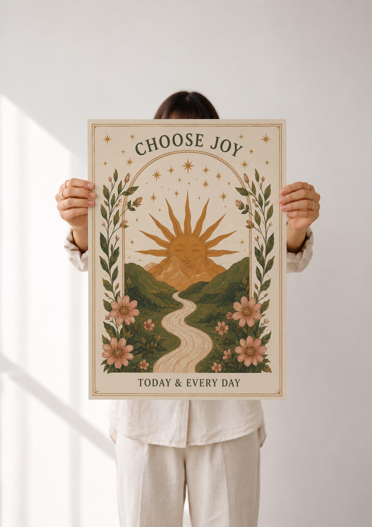 Choose Joy Print | Positive Affirmation Wall Art, Celestial Folk Illustration, Framed or Unframed