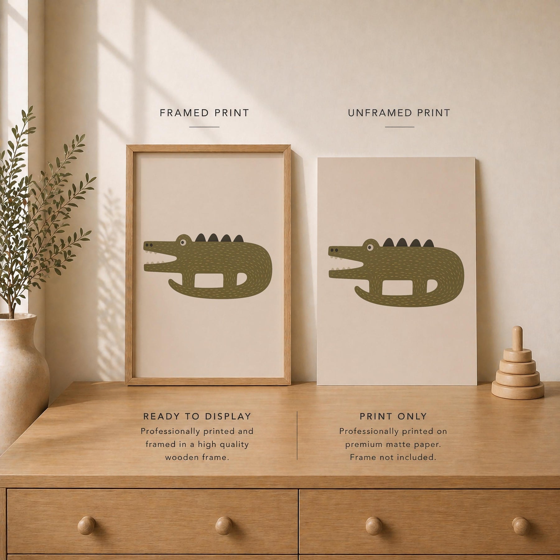 Hand-Painted Crocodile Print | Scandinavian Animal Art, Neutral Nursery Decor | Framed or Unframed