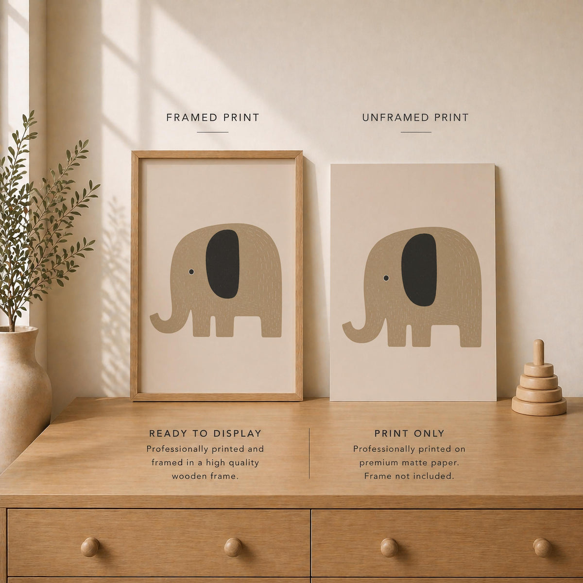 Hand-Painted Elephant Print | Scandinavian Minimalist Nursery Decor | Framed or Unframed