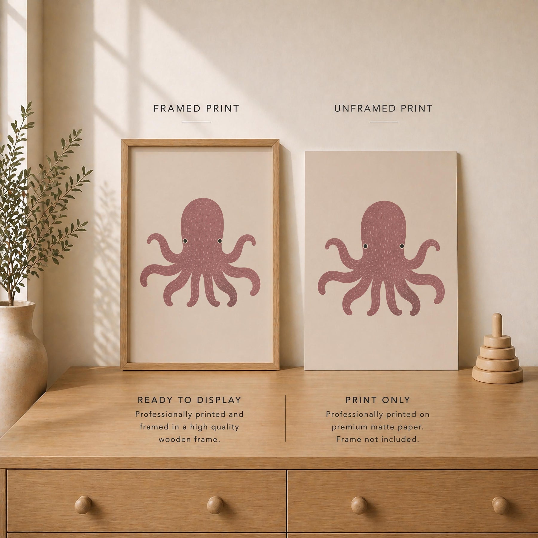 Hand-Painted Octopus Print | Minimalist Scandinavian Coastal Nursery Decor | Framed or Unframed
