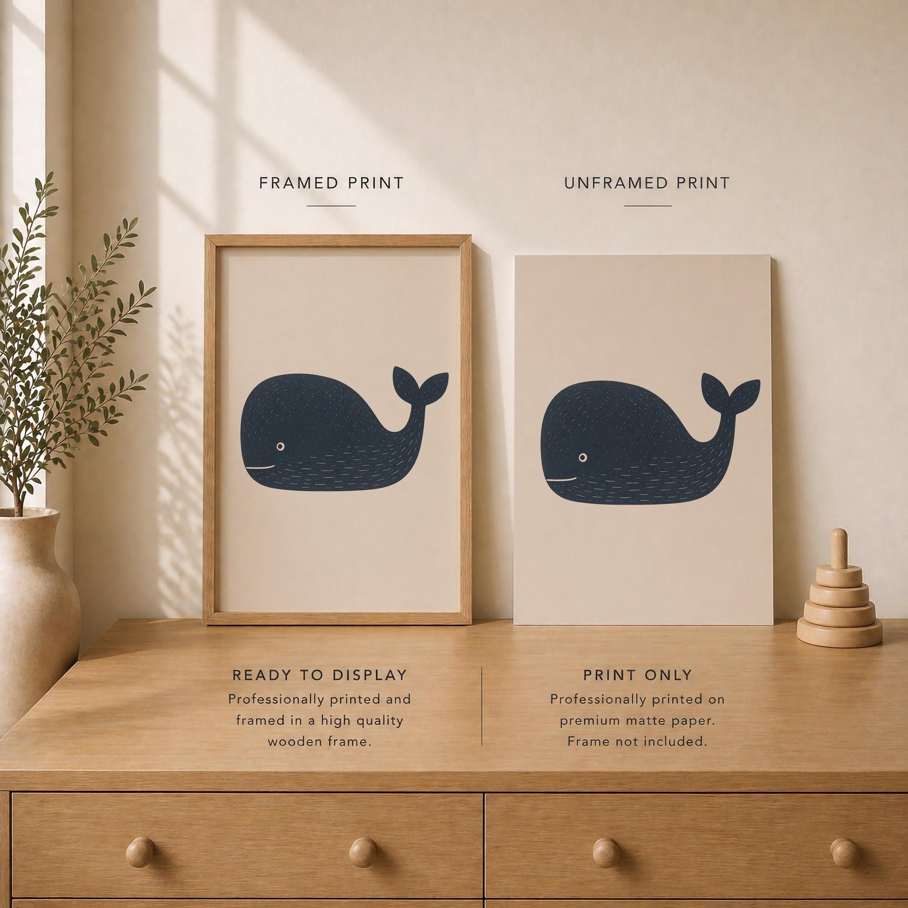 Hand-Painted Whale Print | Scandinavian Coastal Nursery Decor | Framed or Unframed