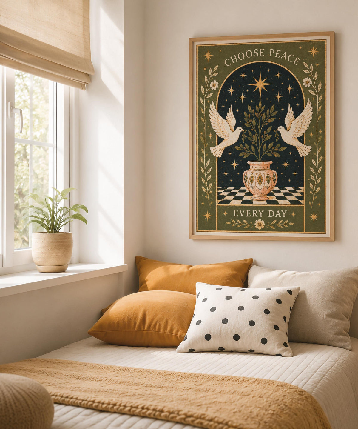 Choose Peace Print | Inspirational Celestial Wall Art, Folk Dove Illustration, Framed or Unframed
