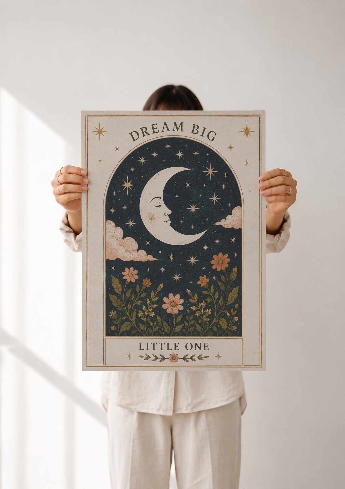 Celestial Moon Nursery Print | Folk Art Illustration Kids Room Wall Decor | Framed or Unframed