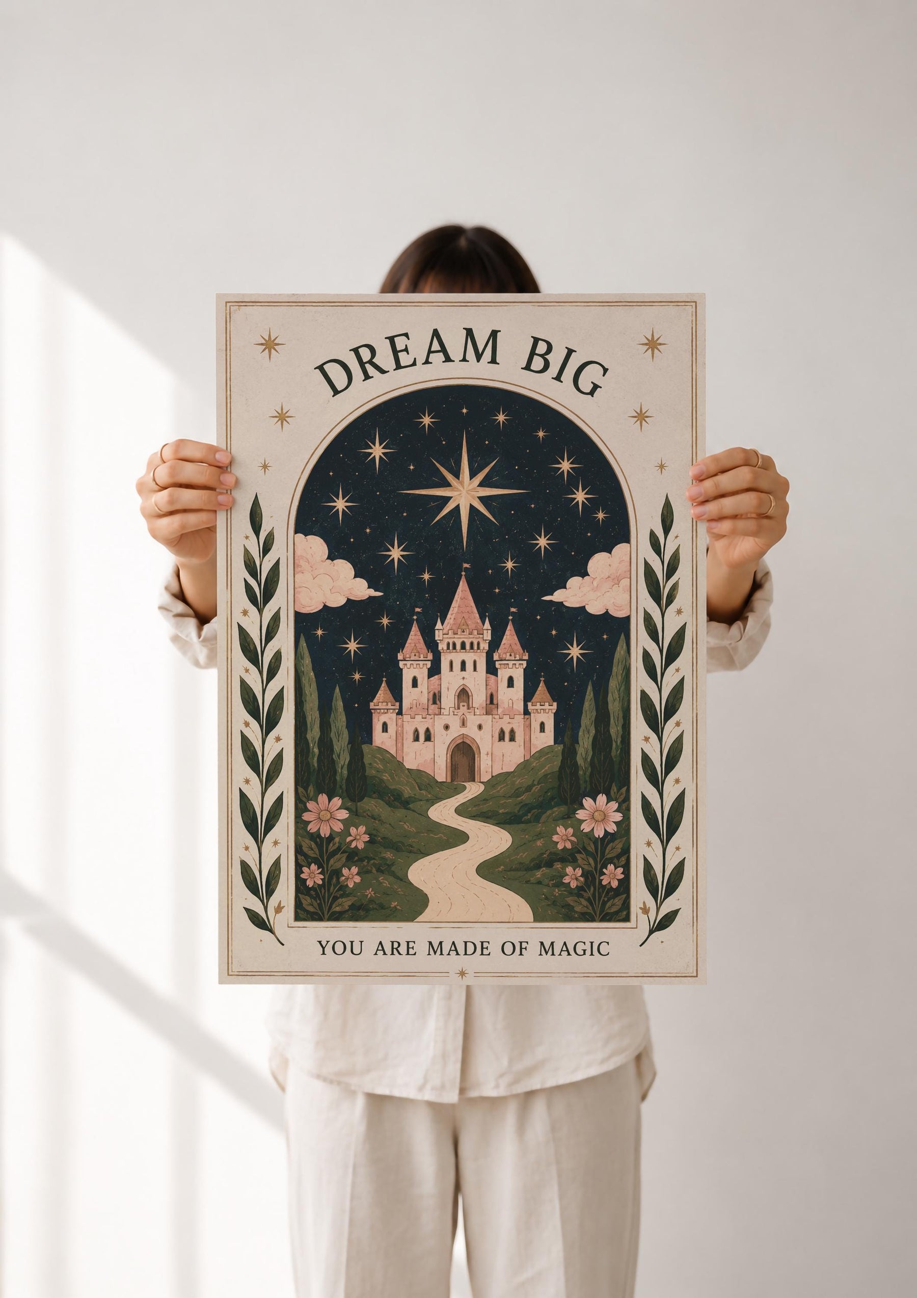 Dream Big Celestial Pink Castle Illustrated Print | Fairytale Wall Art | Framed or Unframed