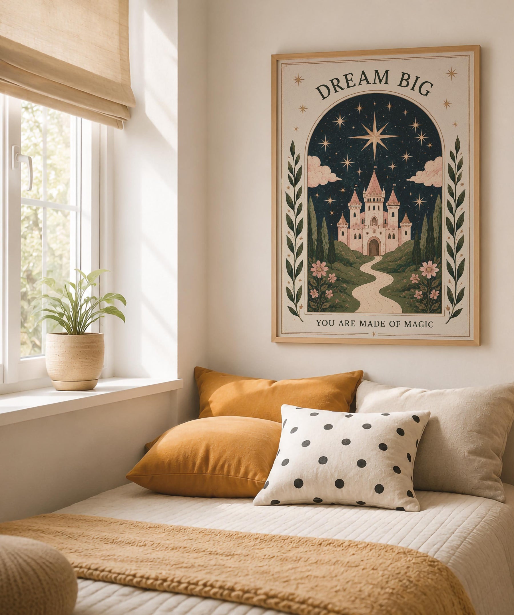Dream Big Celestial Pink Castle Illustrated Print | Fairytale Wall Art | Framed or Unframed