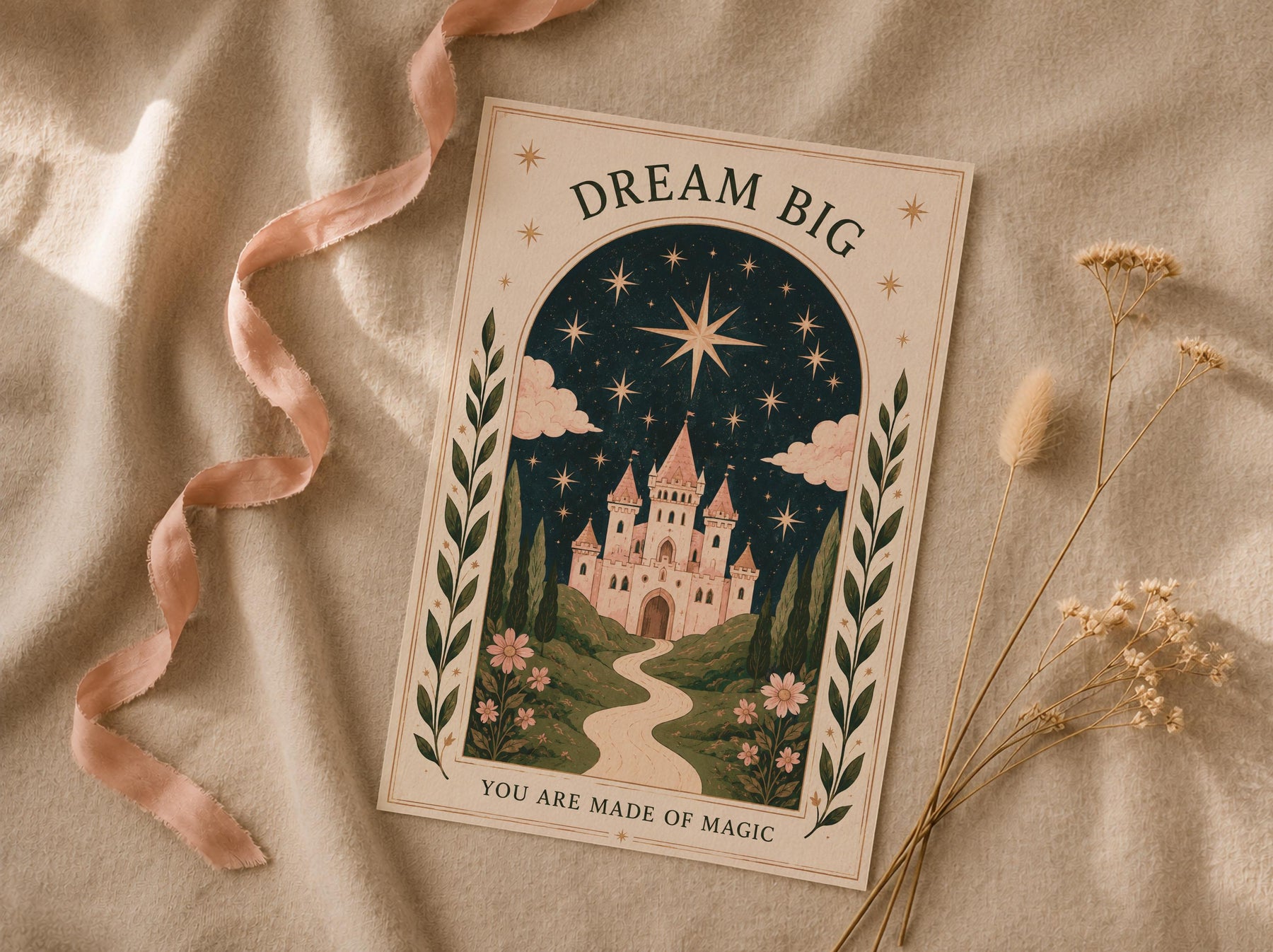 Dream Big Celestial Pink Castle Illustrated Print | Fairytale Wall Art | Framed or Unframed
