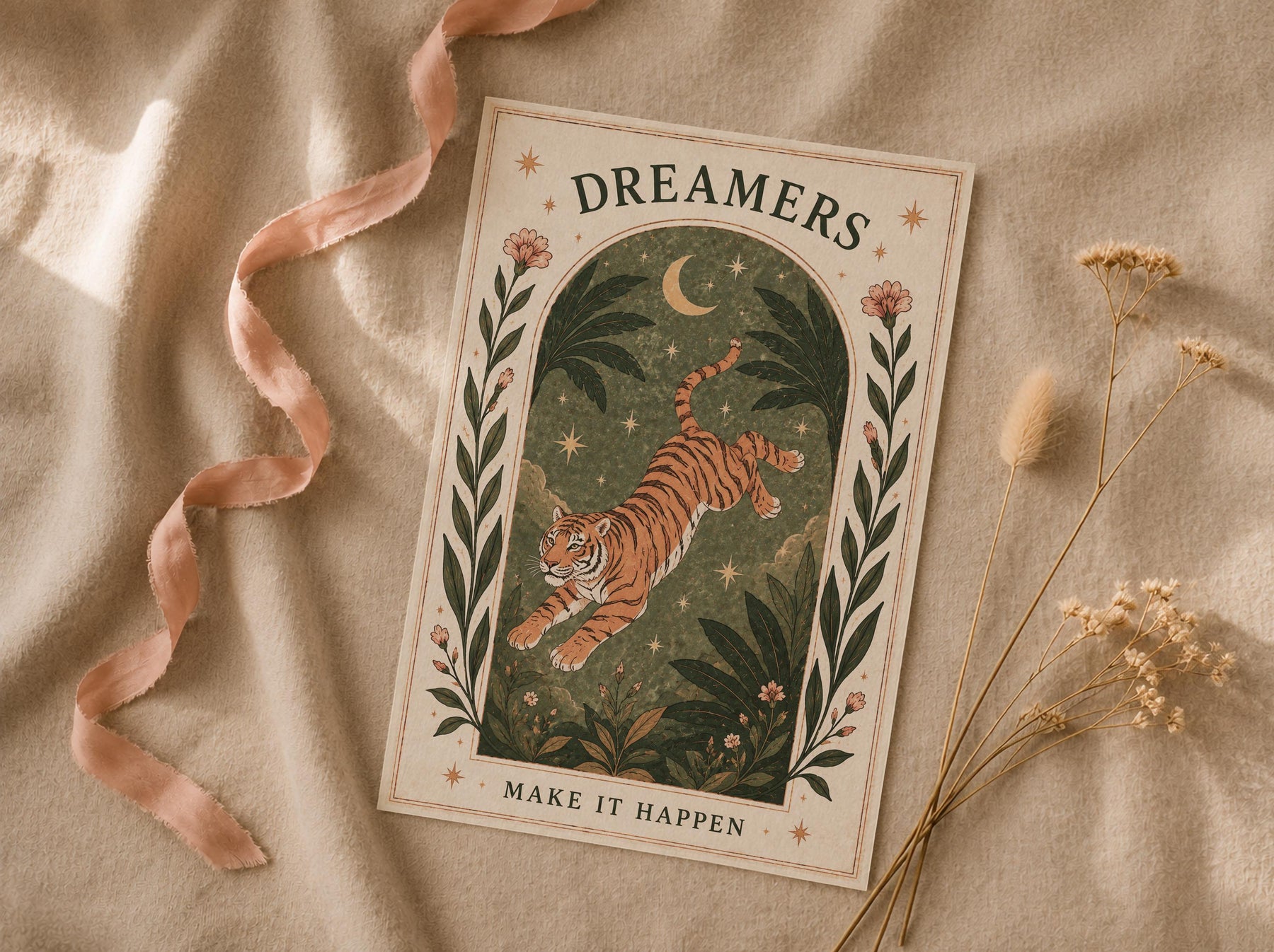 Tiger Illustrated Print | Inspirational Dreamer Folk Art Animal Wall Art | Framed or Unframed