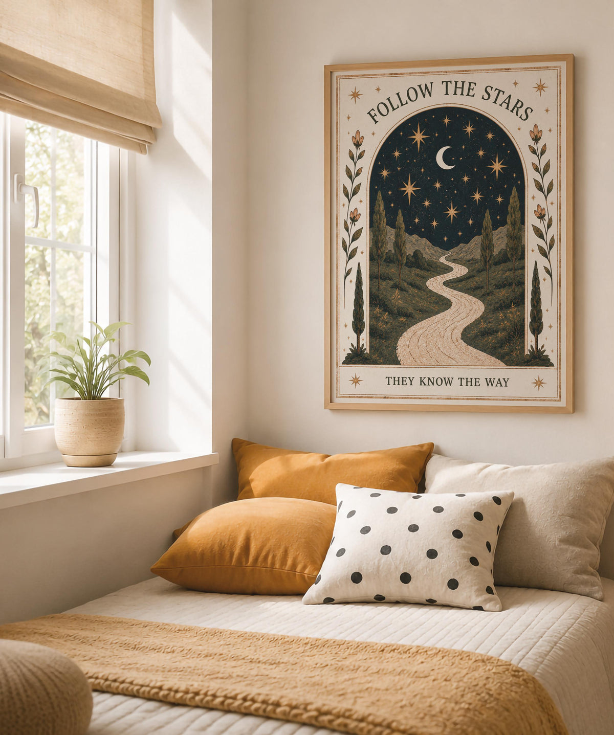 Follow The Stars Print | Celestial Moon Nursery Wall Art, Folk Landscape Illustration, Framed or Unframed