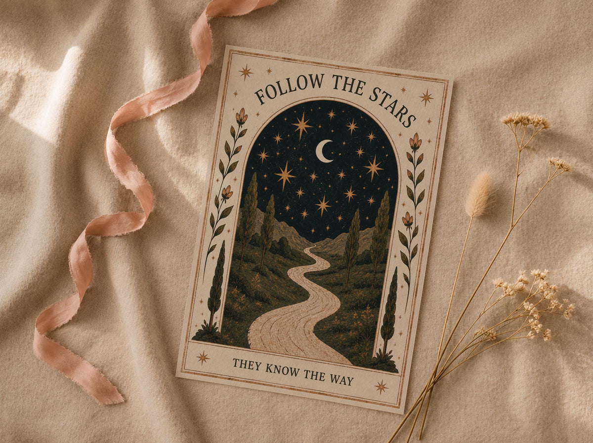 Follow The Stars Print | Celestial Moon Nursery Wall Art, Folk Landscape Illustration, Framed or Unframed