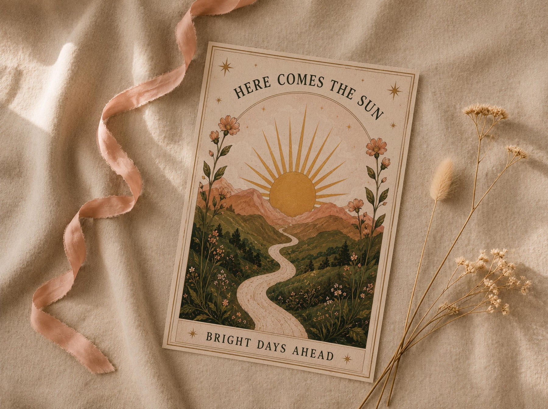 Here Comes the Sun Print | Inspirational Nursery Wall Art, Celestial Folk Art, Framed or Unframed