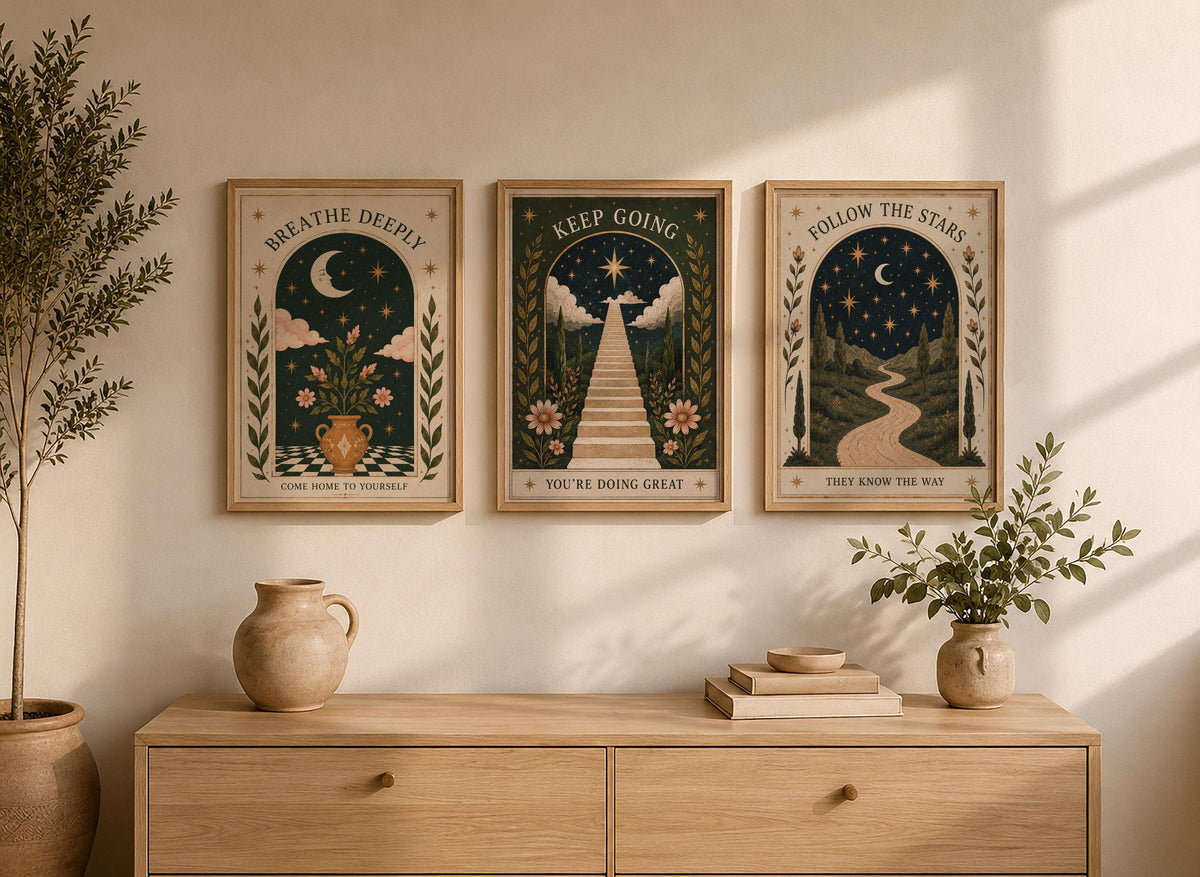 Keep Going Print | Inspirational Folk Art Wall Decor, Celestial Illustration, Framed or Unframed