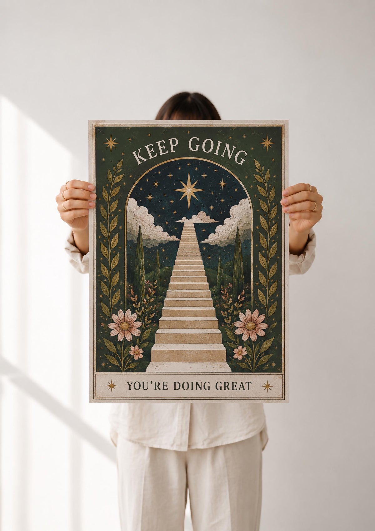 Keep Going Print | Inspirational Folk Art Wall Decor, Celestial Illustration, Framed or Unframed