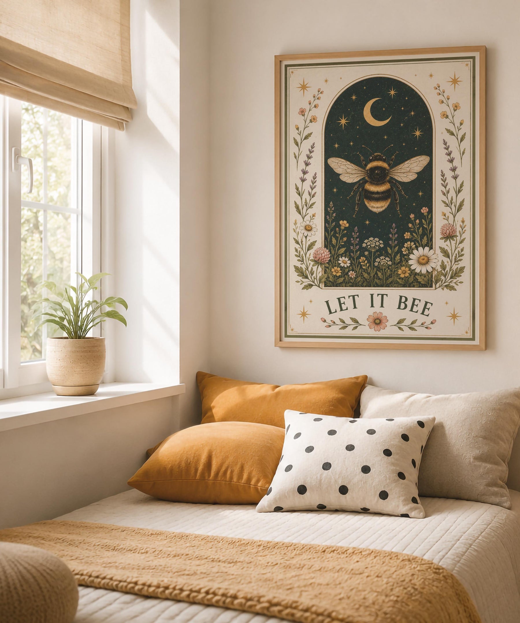 Bumblebee Folk Art Print | Celestial Moon, Wildflowers, Botanical Nature Decor | Framed or Unframed