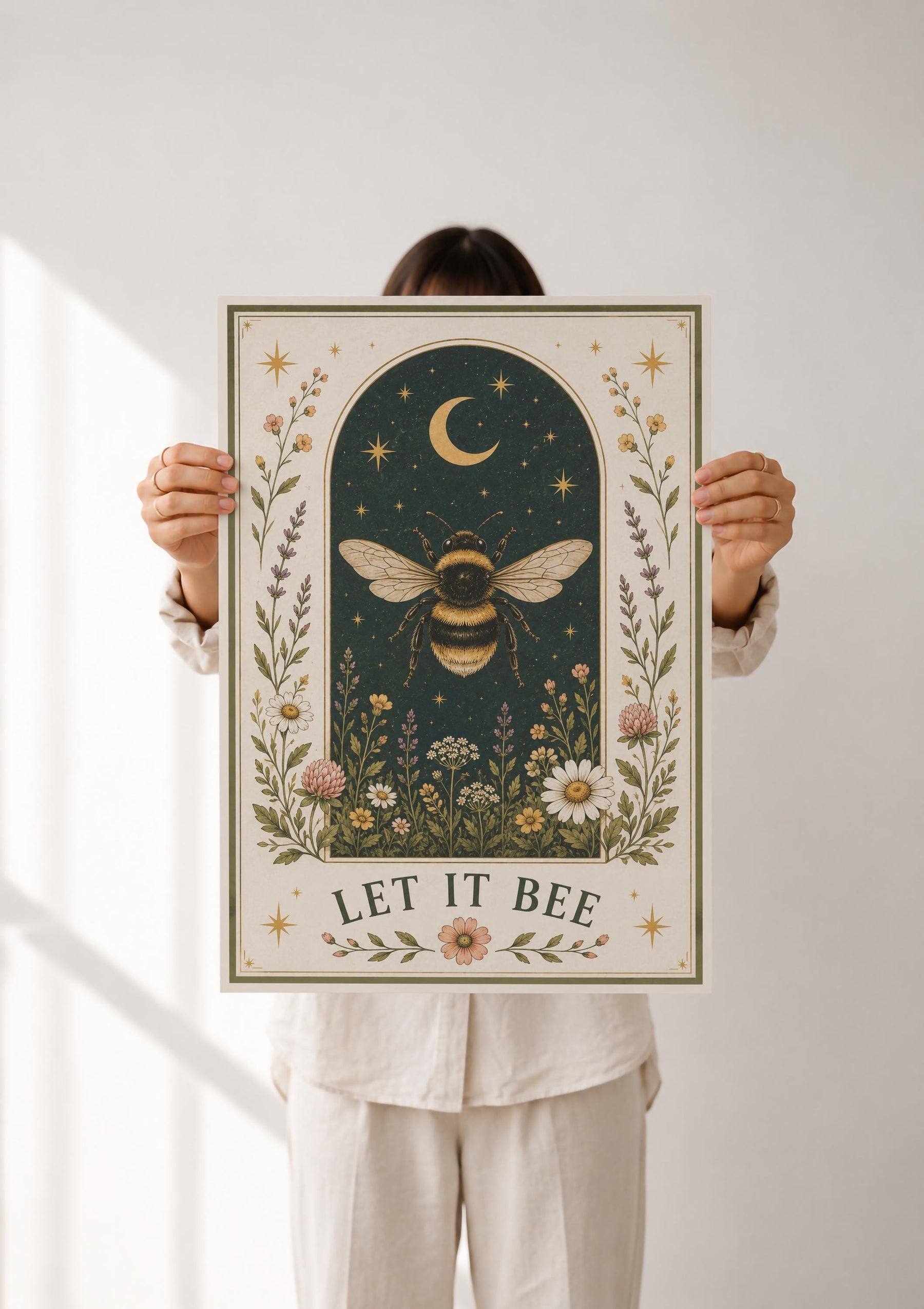 Bumblebee Folk Art Print | Celestial Moon, Wildflowers, Botanical Nature Decor | Framed or Unframed