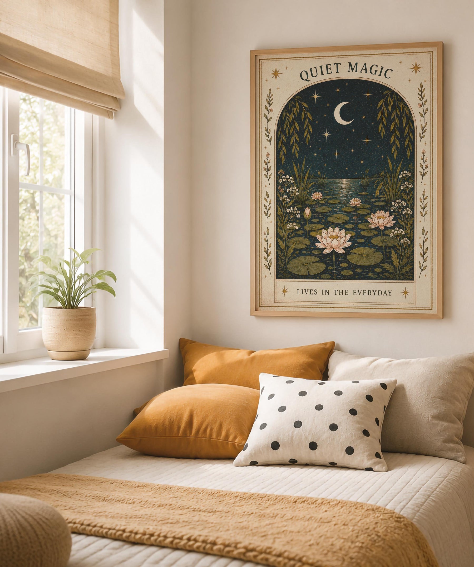 Quiet Magic Print | Celestial Nursery Wall Art, Botanical Folk Art Illustration, Framed or Unframed