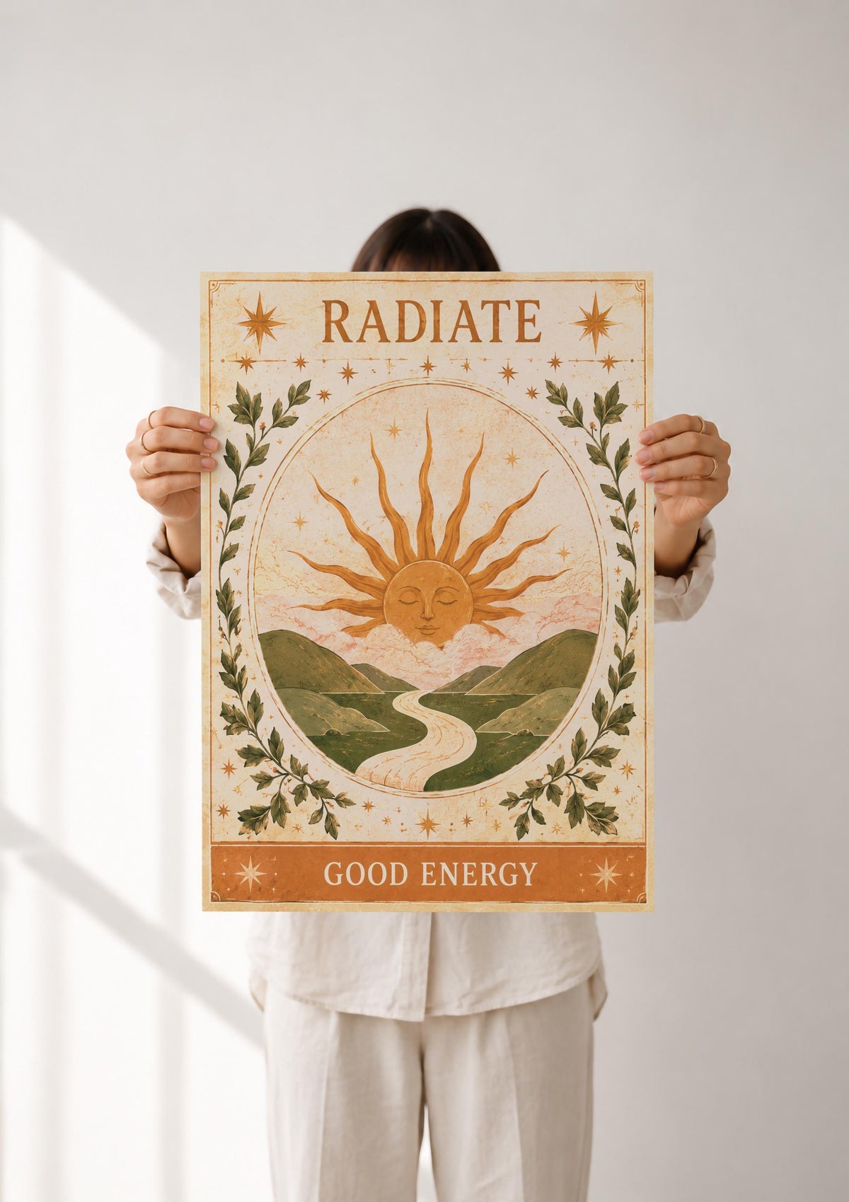Radiate Good Energy Sun Print | Inspirational Wall Art, Celestial Folk Illustration | Framed or Unframed