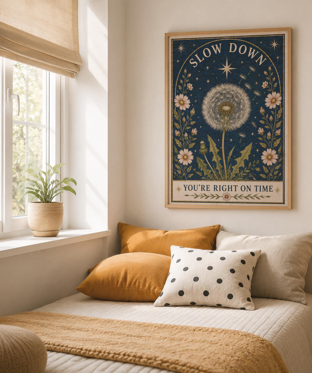 Celestial Dandelion Print | Positive Message Folk Art Wildflower Wall Art | Framed or Unframed