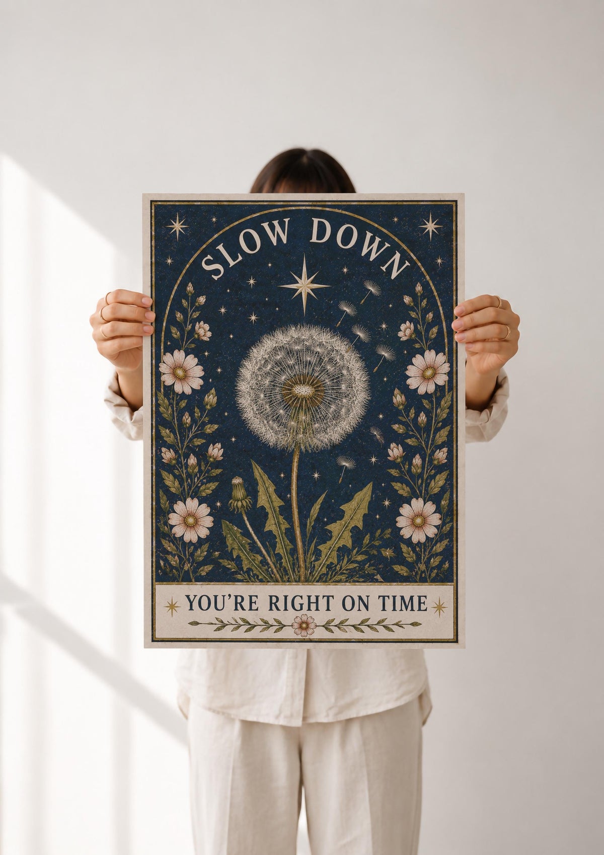 Celestial Dandelion Print | Positive Message Folk Art Wildflower Wall Art | Framed or Unframed