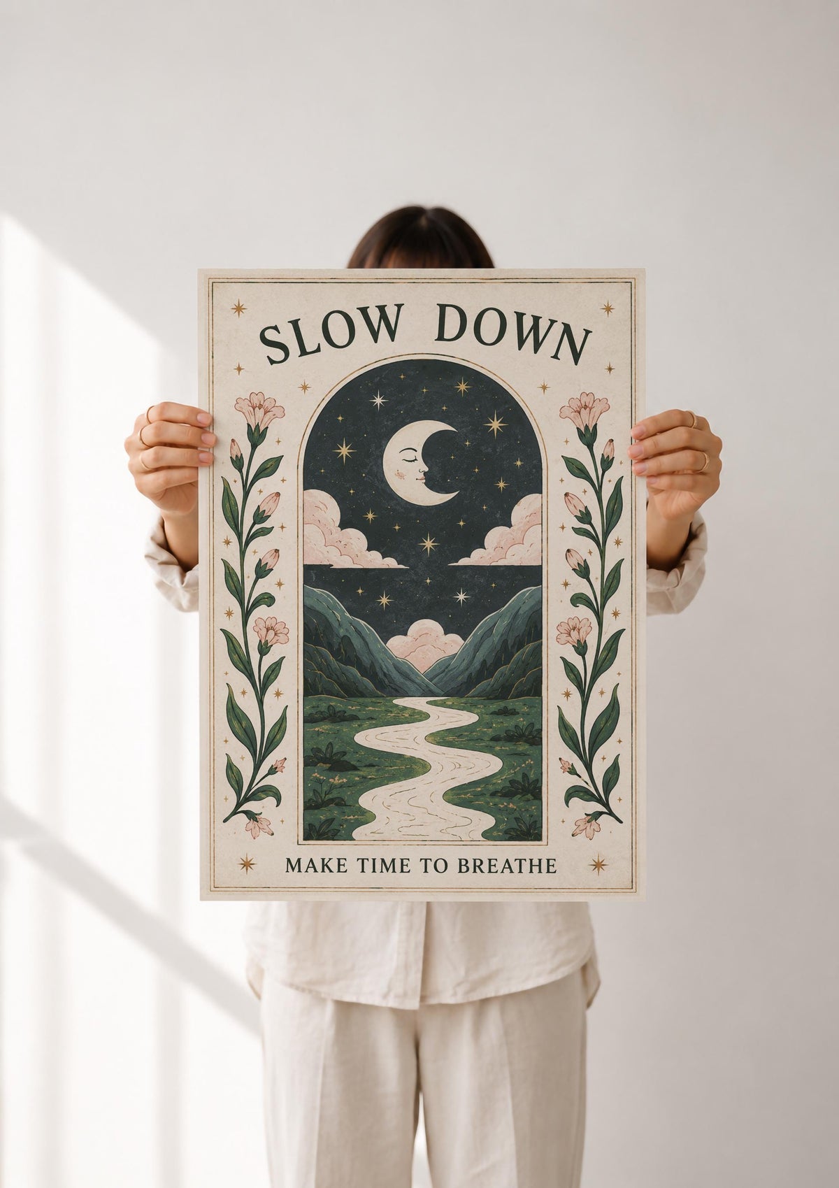 Celestial Moon Nursery Print | Positive Message Folk Art Starry Night Illustration | Framed or Unframed