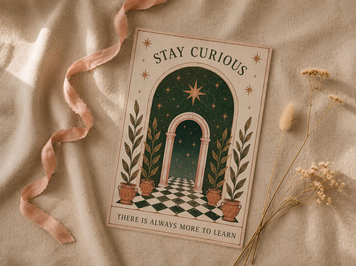 Stay Curious Print | Celestial Nursery Wall Art, Botanical Folk Art Illustration, Framed or Unframed