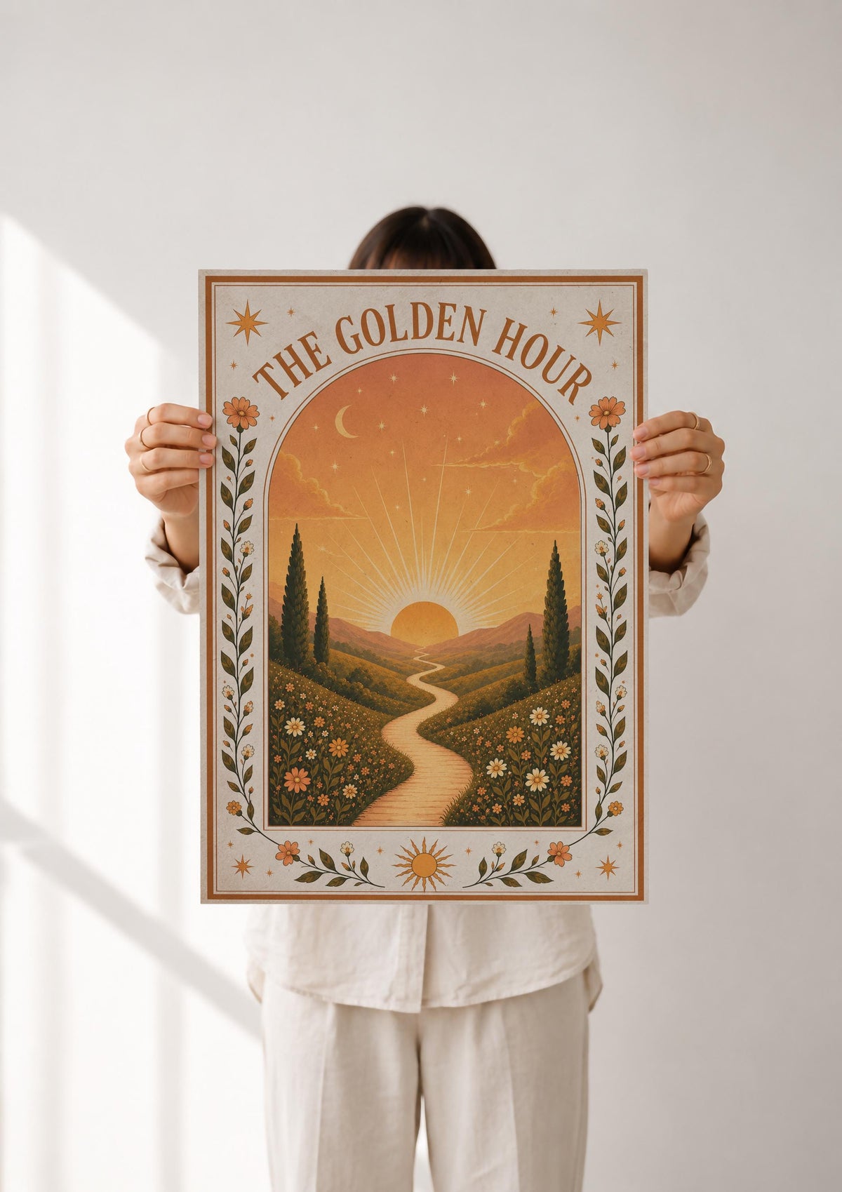 The Golden Hour Print | Sunset Nursery Wall Art, Folk Art Landscape Illustration, Framed or Unframed