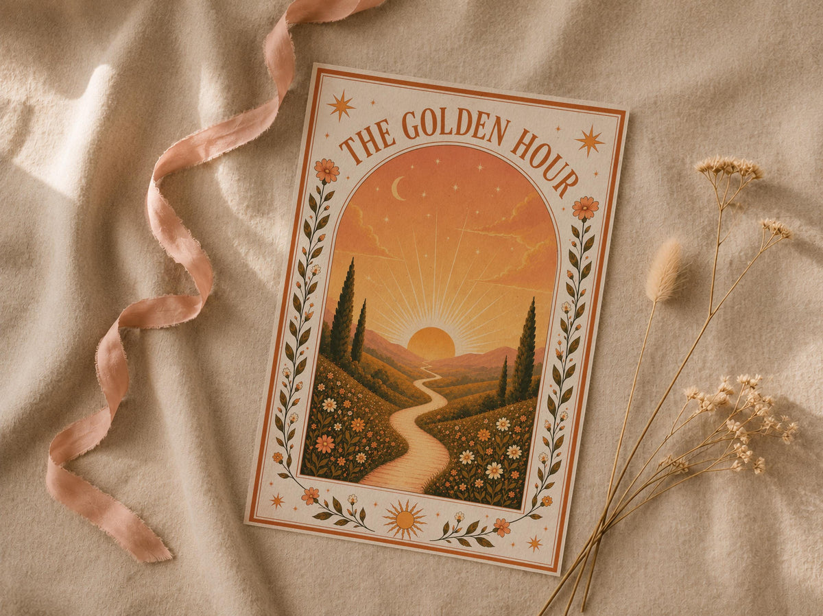 The Golden Hour Print | Sunset Nursery Wall Art, Folk Art Landscape Illustration, Framed or Unframed