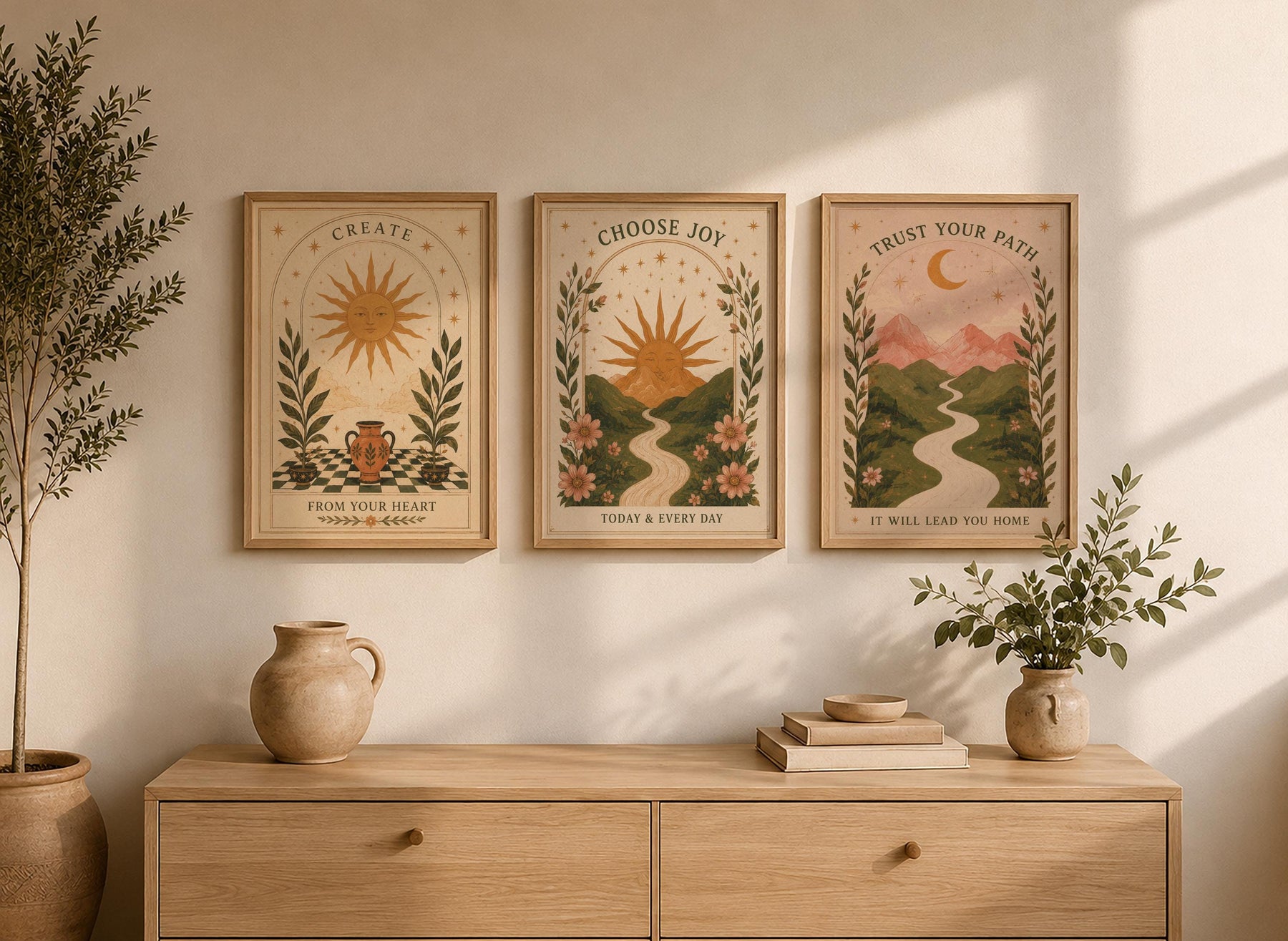 Celestial Mountain Nursery Print | Positive Message Folk Art Illustration, Moonlit Path | Framed or Unframed