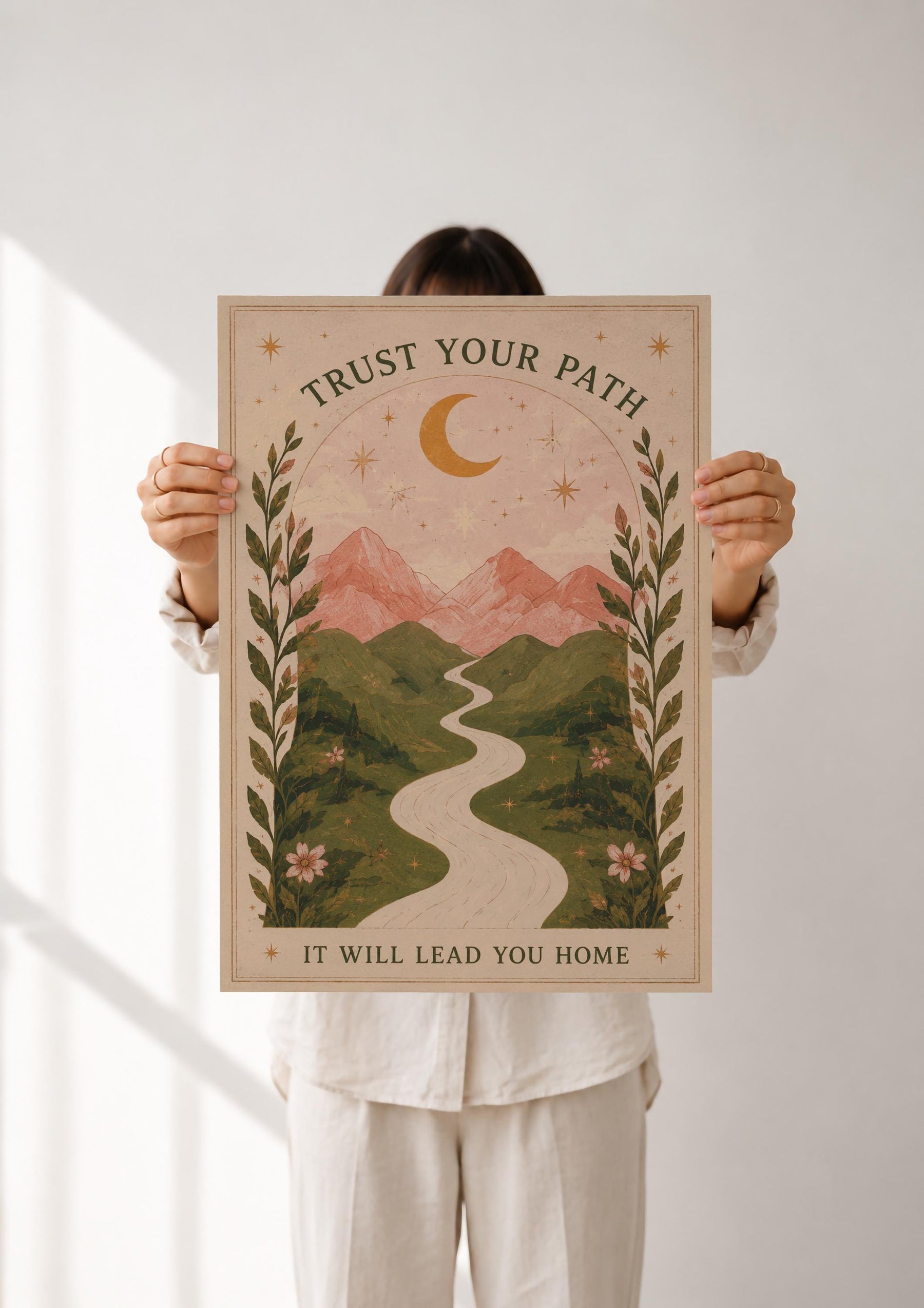 Celestial Mountain Nursery Print | Positive Message Folk Art Illustration, Moonlit Path | Framed or Unframed