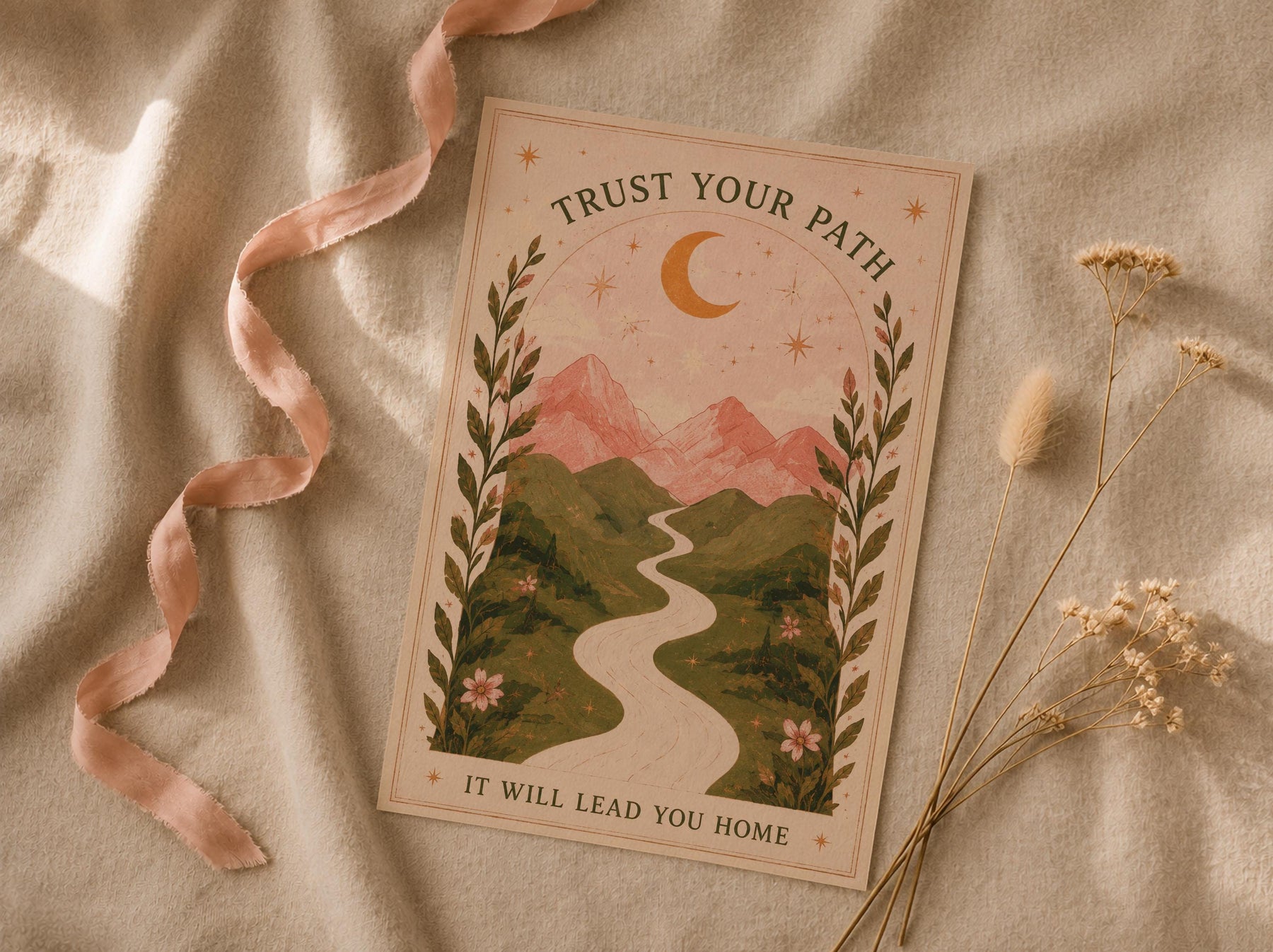 Celestial Mountain Nursery Print | Positive Message Folk Art Illustration, Moonlit Path | Framed or Unframed