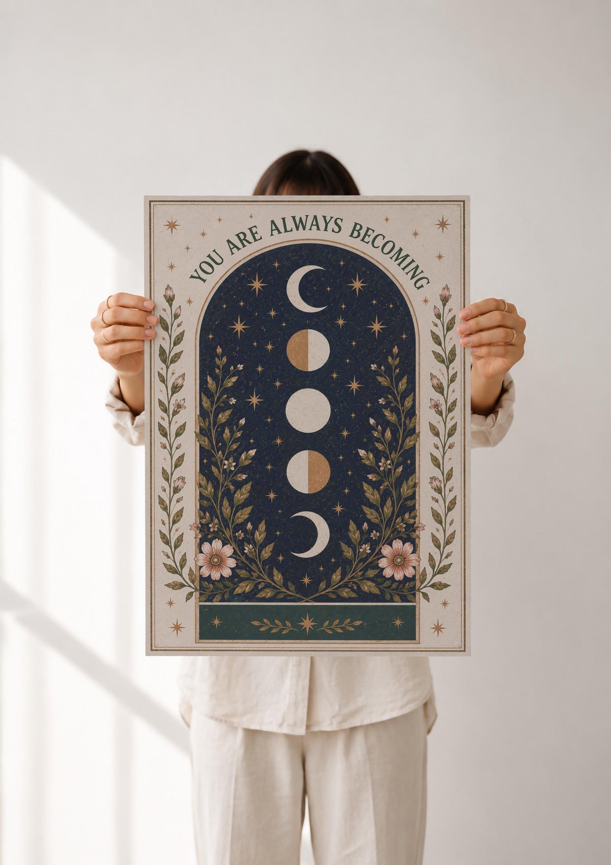 Celestial Moon Phase Print | Positive Message Folk Art Nursery Wall Art | Framed or Unframed