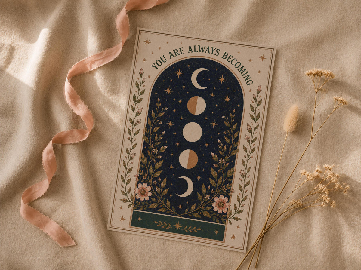 Celestial Moon Phase Print | Positive Message Folk Art Nursery Wall Art | Framed or Unframed