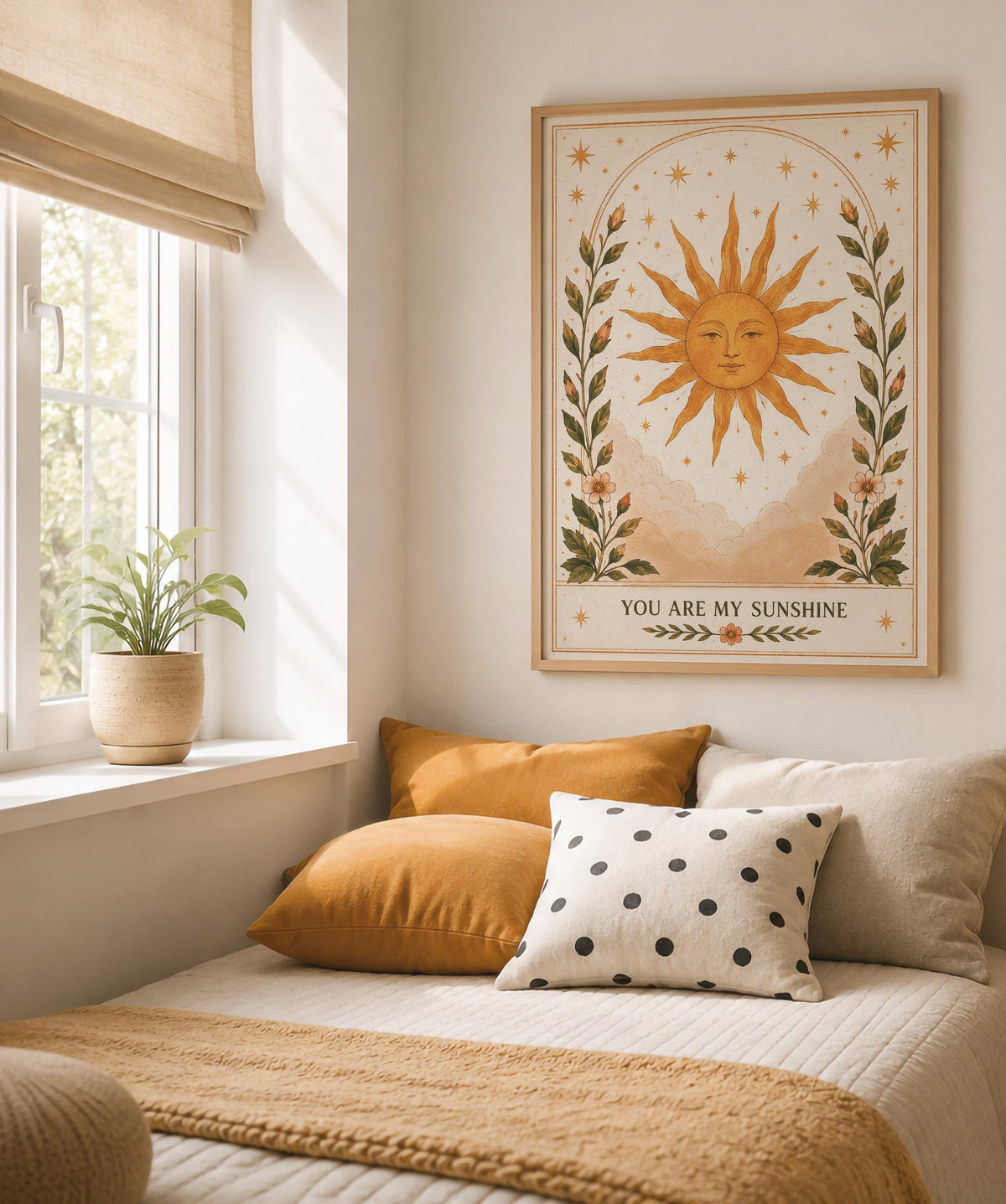 Celestial Sun Print | Positive Message Folk Art Illustration, Botanical Wall Art | Framed or Unframed