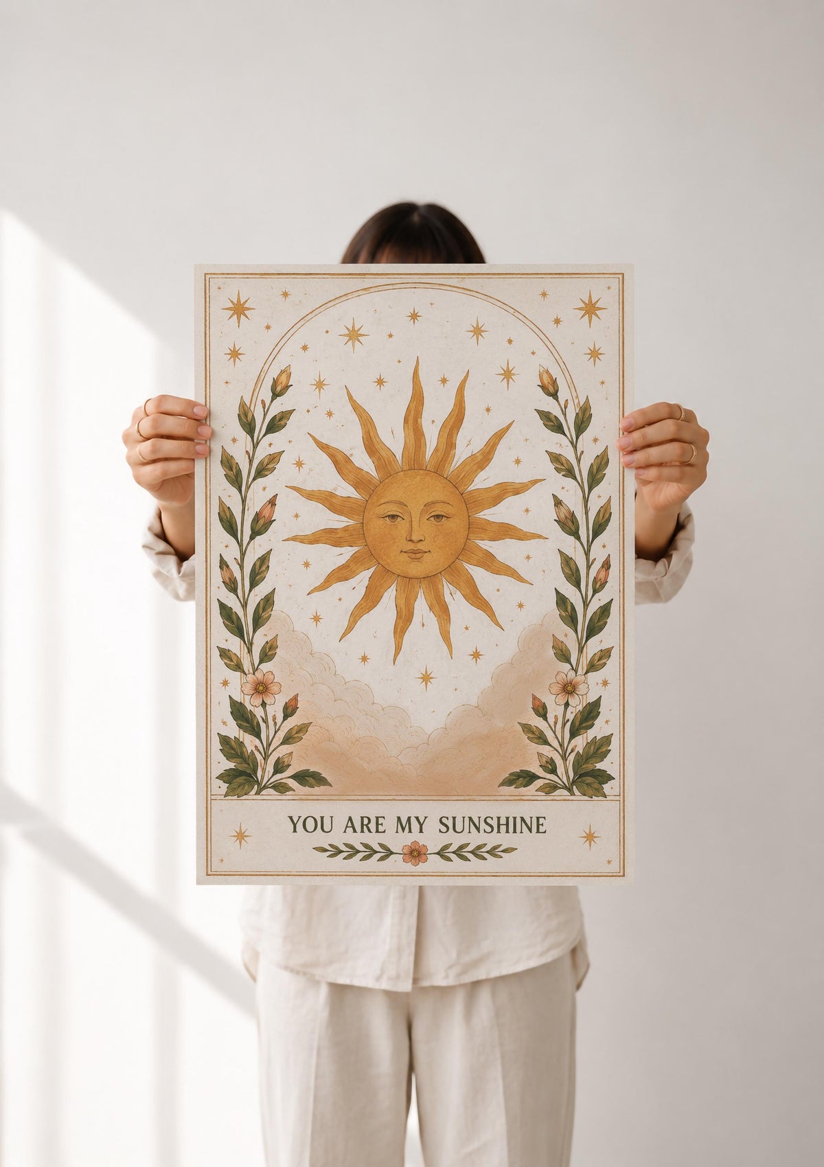 Celestial Sun Print | Positive Message Folk Art Illustration, Botanical Wall Art | Framed or Unframed