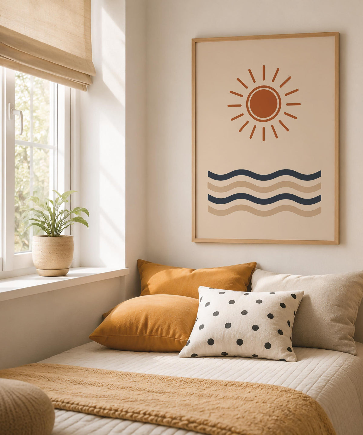 Sun and Waves Print | Coastal Minimalist Beach House Wall Art | Framed or Unframed