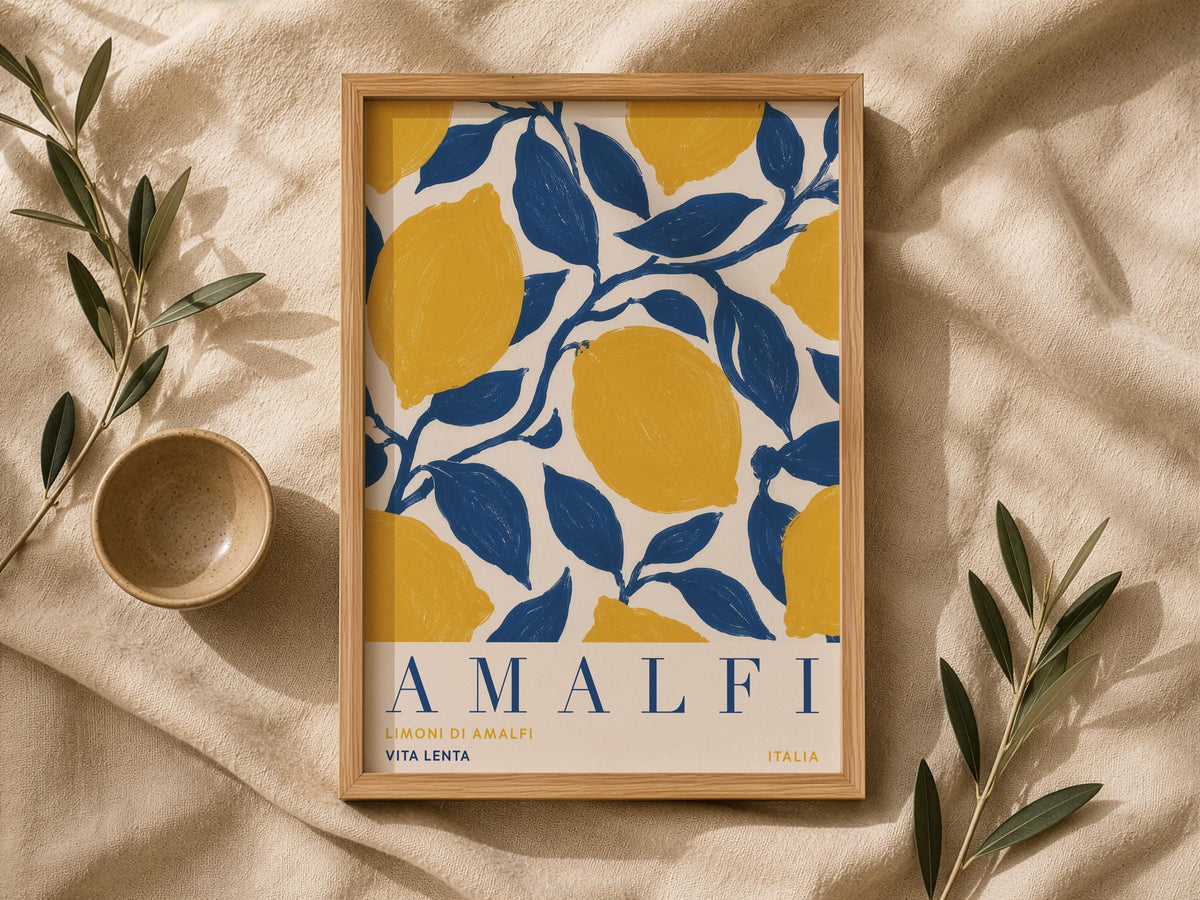 Amalfi Coast Lemon Print | Hand-Painted Italian Travel Poster Wall Art | Framed or Unframed