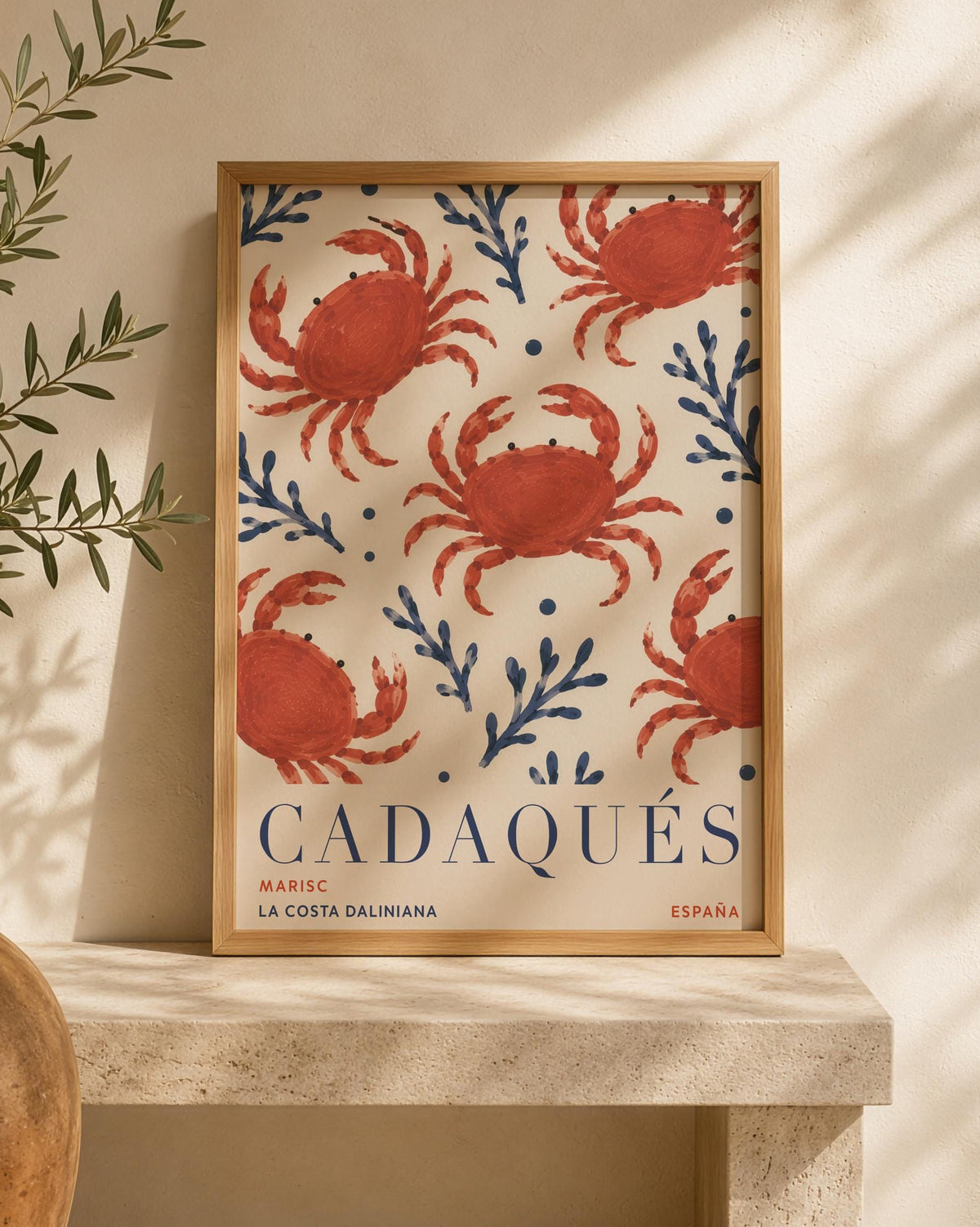 Cadaqués Spain Travel Poster | Hand-Painted Crab Coastal Mediterranean Wall Art | Framed or Unframed