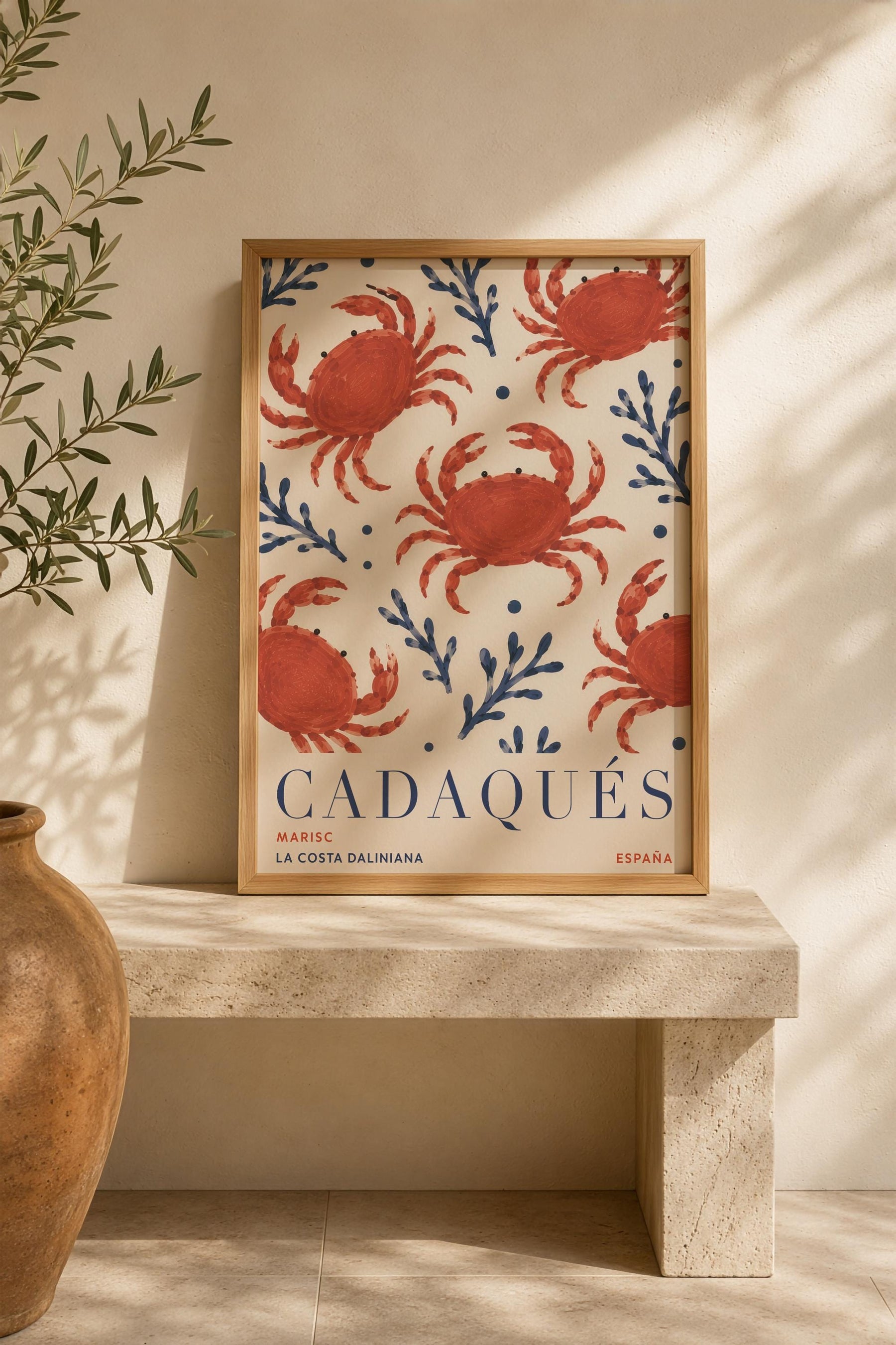 Cadaqués Spain Travel Poster | Hand-Painted Crab Coastal Mediterranean Wall Art | Framed or Unframed