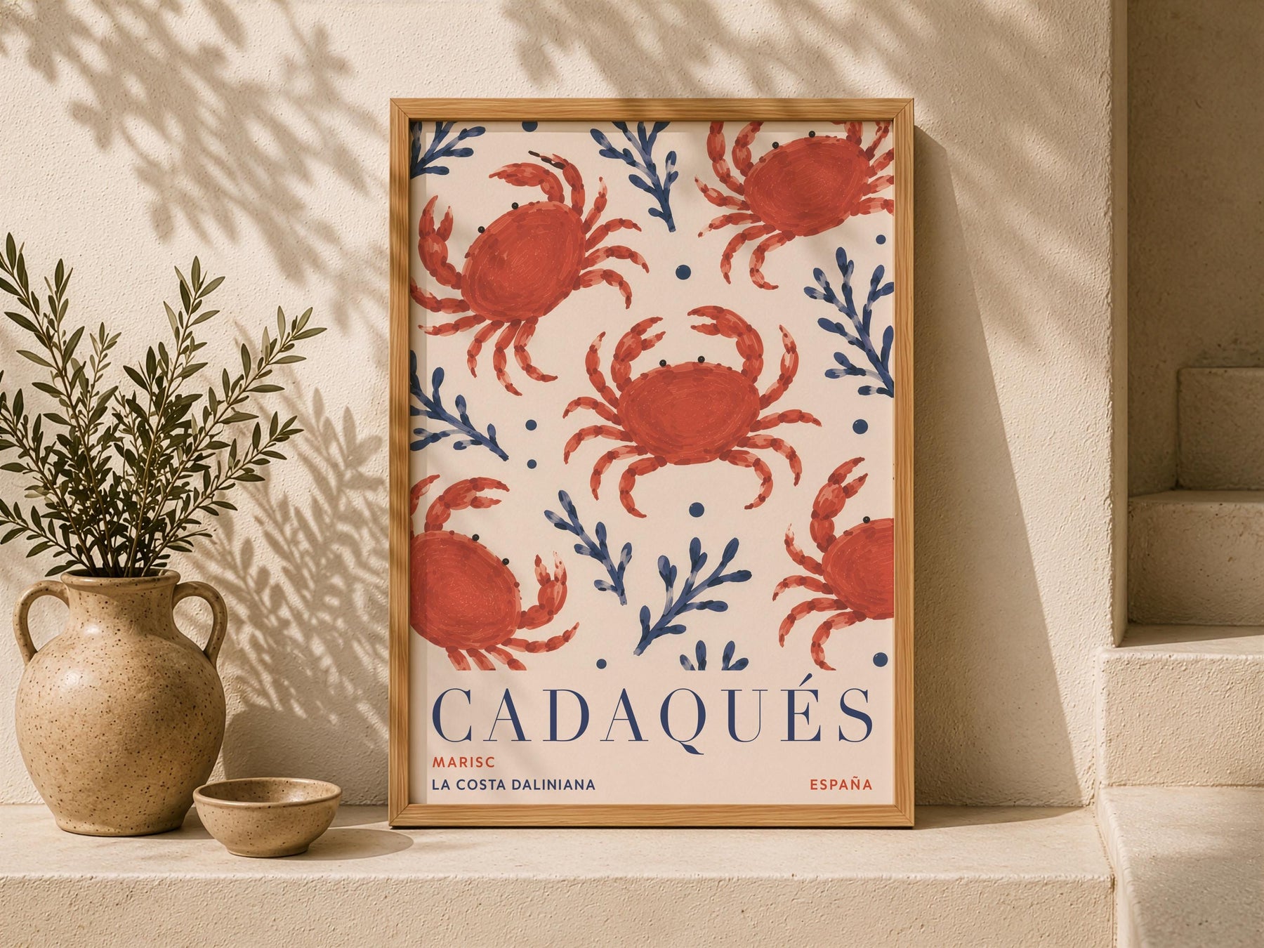 Cadaqués Spain Travel Poster | Hand-Painted Crab Coastal Mediterranean Wall Art | Framed or Unframed
