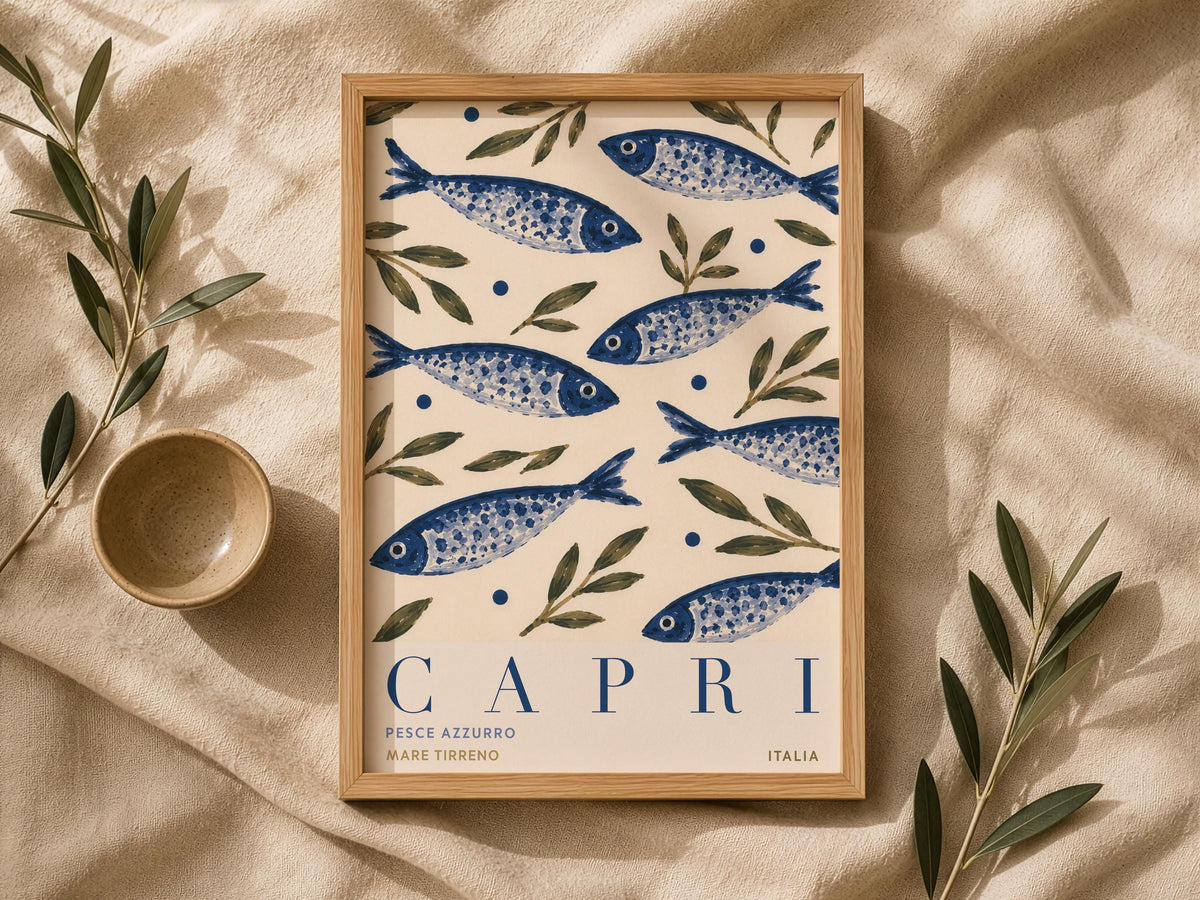 Capri Italy Fish Print | Hand-Painted Mediterranean Coastal Wall Art | Framed or Unframed