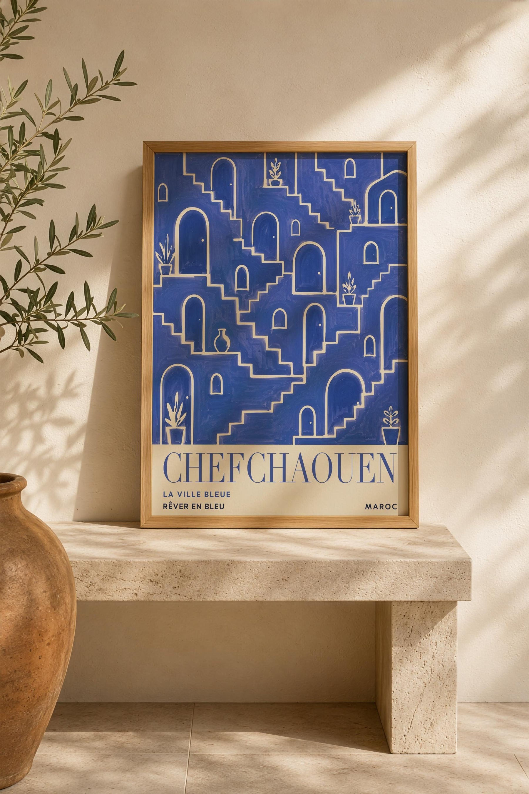 Chefchaouen Morocco Travel Poster | Blue City Wall Art, Mediterranean Decor | Framed or Unframed