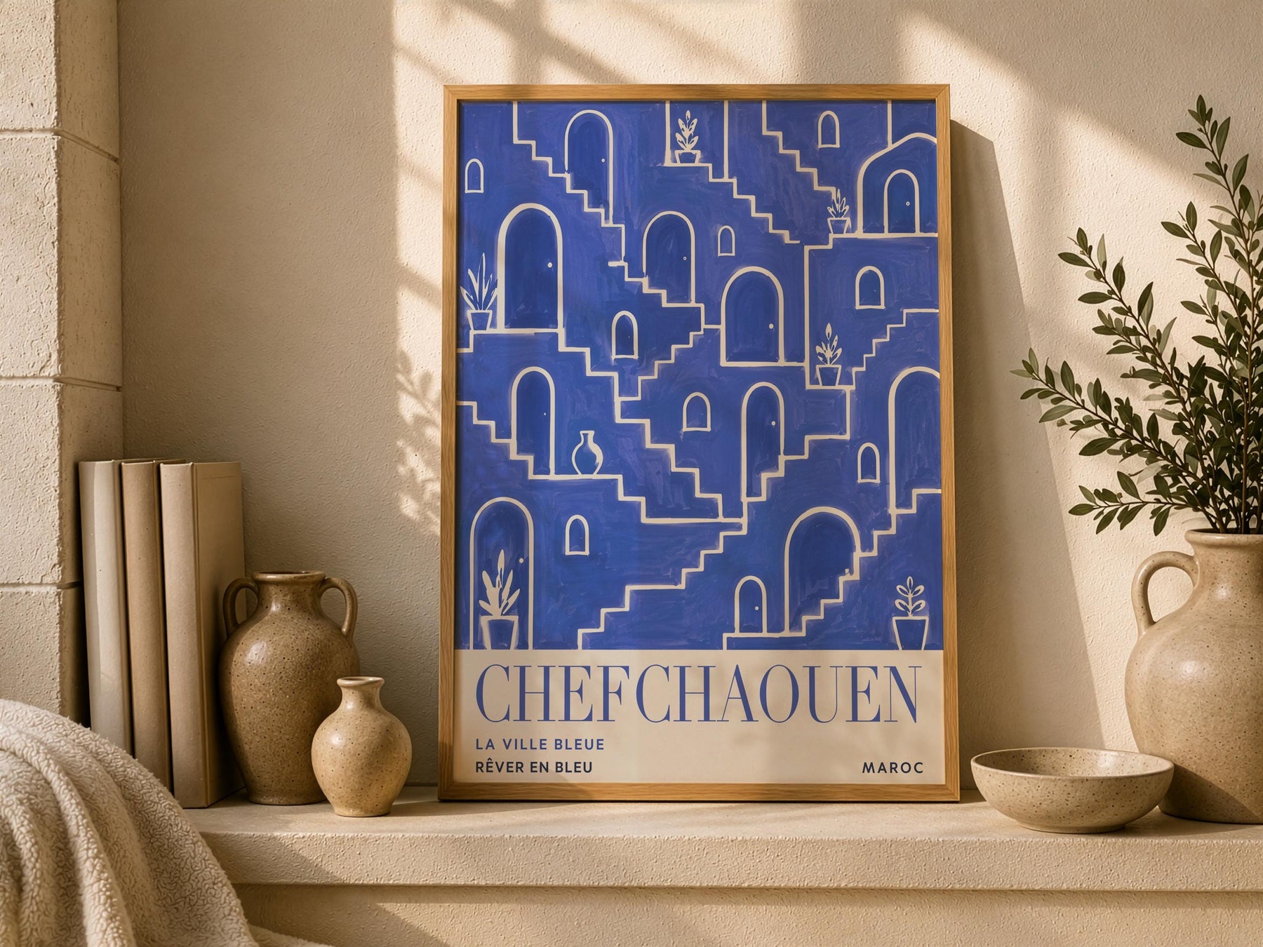 Chefchaouen Morocco Travel Poster | Blue City Wall Art, Mediterranean Decor | Framed or Unframed