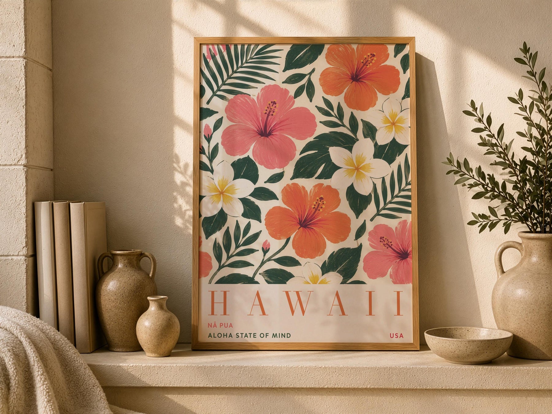 Hawaii Hibiscus Floral Travel Poster | Hand-Painted Tropical Aloha Decor | Framed or Unframed