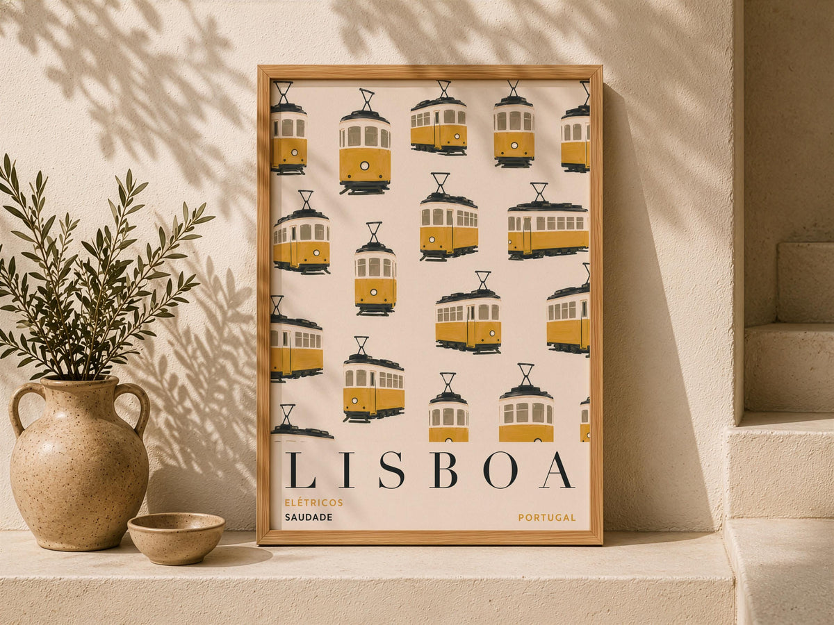 Lisbon Print | Yellow Tram Wall Art, Hand-Painted Portugal Travel Poster | Framed or Unframed