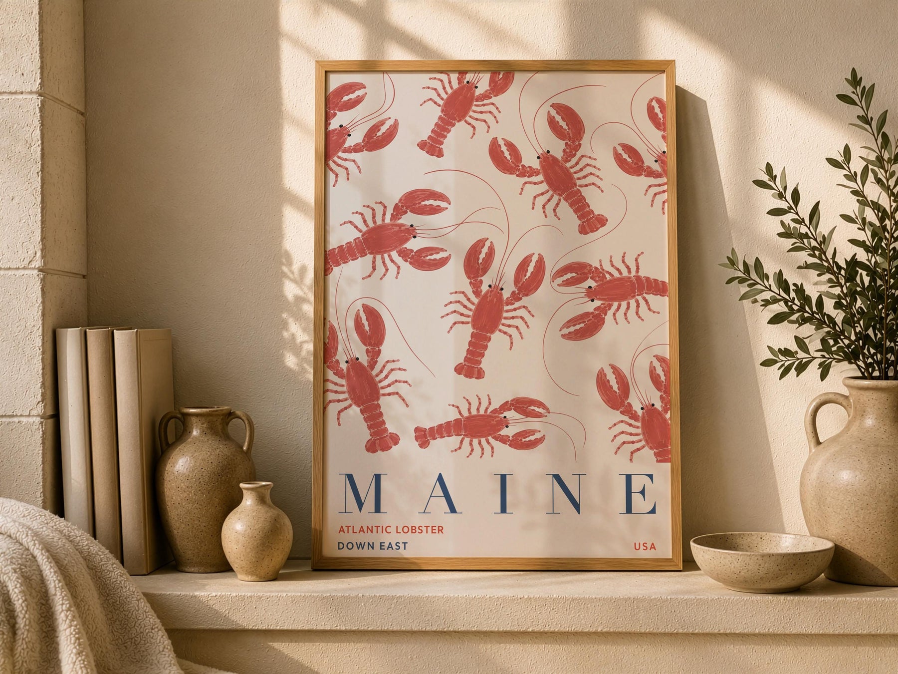 Maine Lobster Print | Coastal New England Travel Poster, Hand-Painted Nautical Art | Framed or Unframed