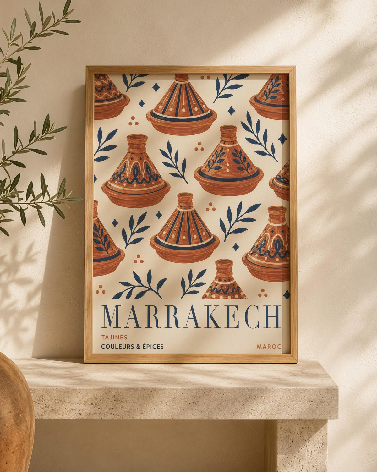 Marrakech Print | Hand-Painted Tagine Travel Poster, Moroccan Boho Kitchen Art | Framed or Unframed