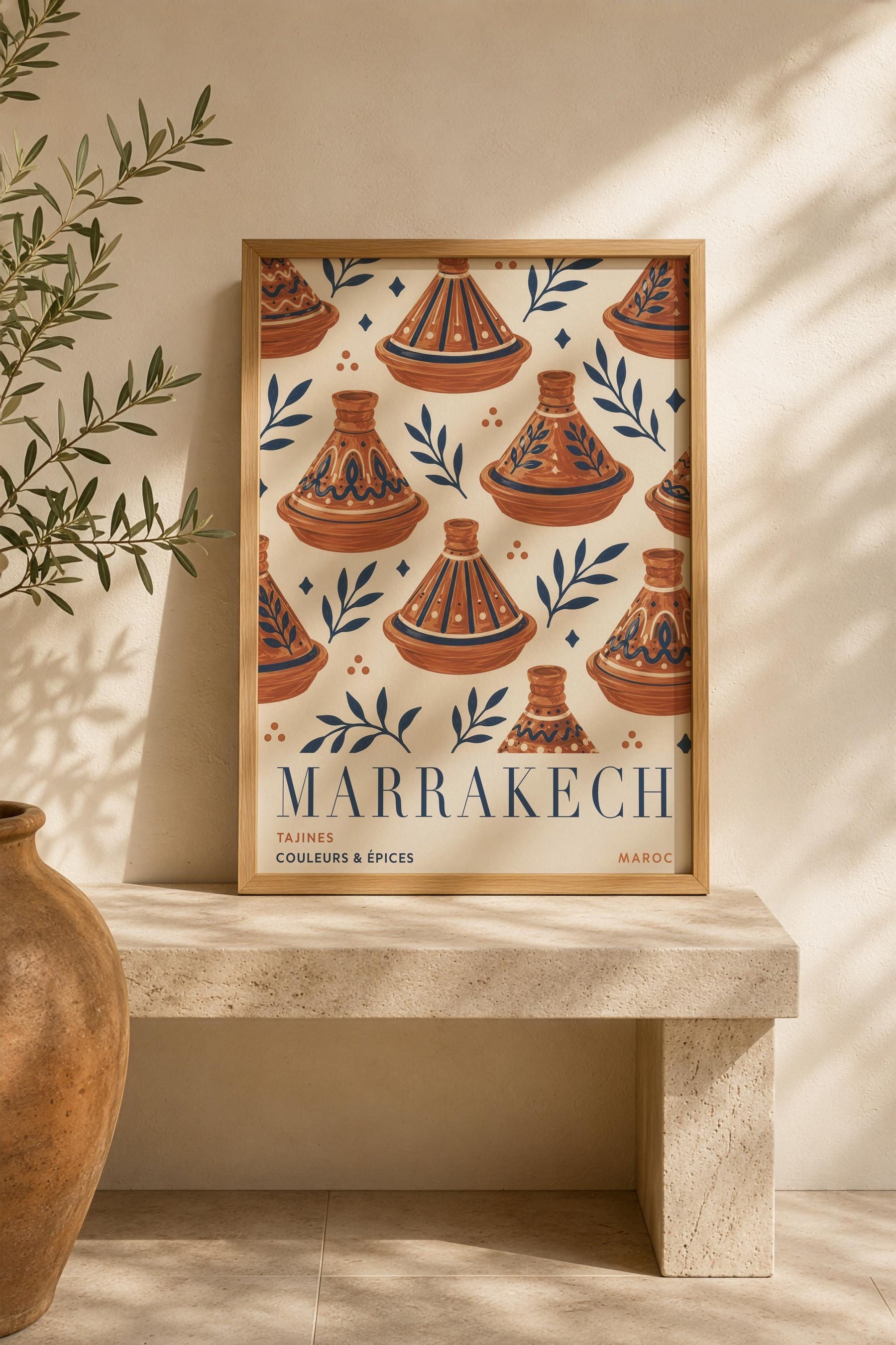 Marrakech Print | Hand-Painted Tagine Travel Poster, Moroccan Boho Kitchen Art | Framed or Unframed