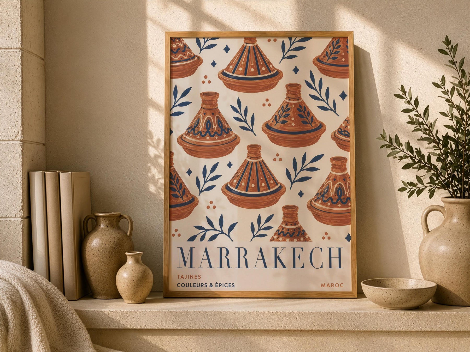 Marrakech Print | Hand-Painted Tagine Travel Poster, Moroccan Boho Kitchen Art | Framed or Unframed