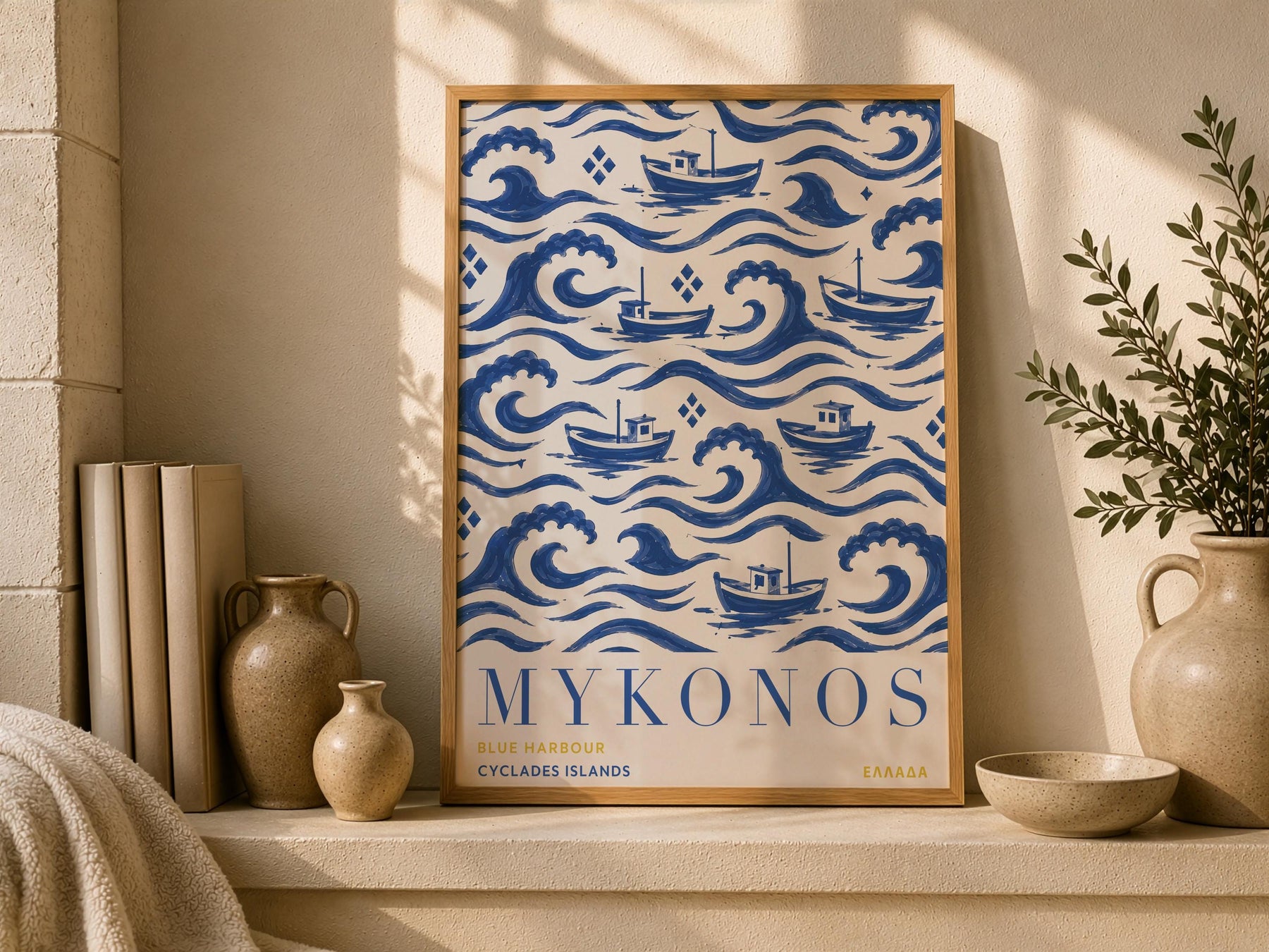 Mykonos Print | Hand-Painted Greek Island Travel Poster, Coastal Nautical Decor | Framed or Unframed