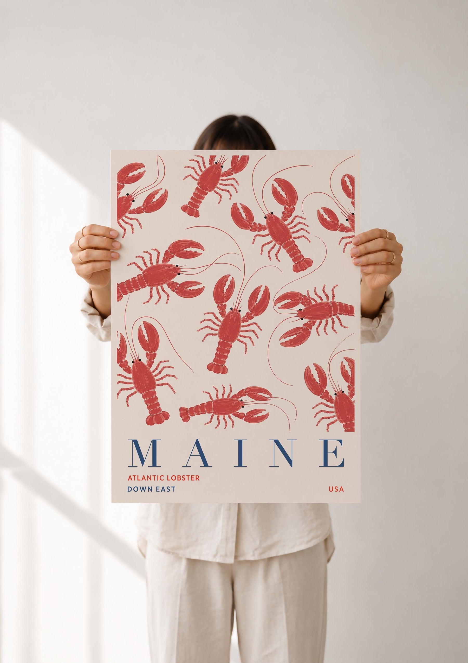 Maine Lobster Print | Coastal New England Travel Poster, Hand-Painted Nautical Art | Framed or Unframed