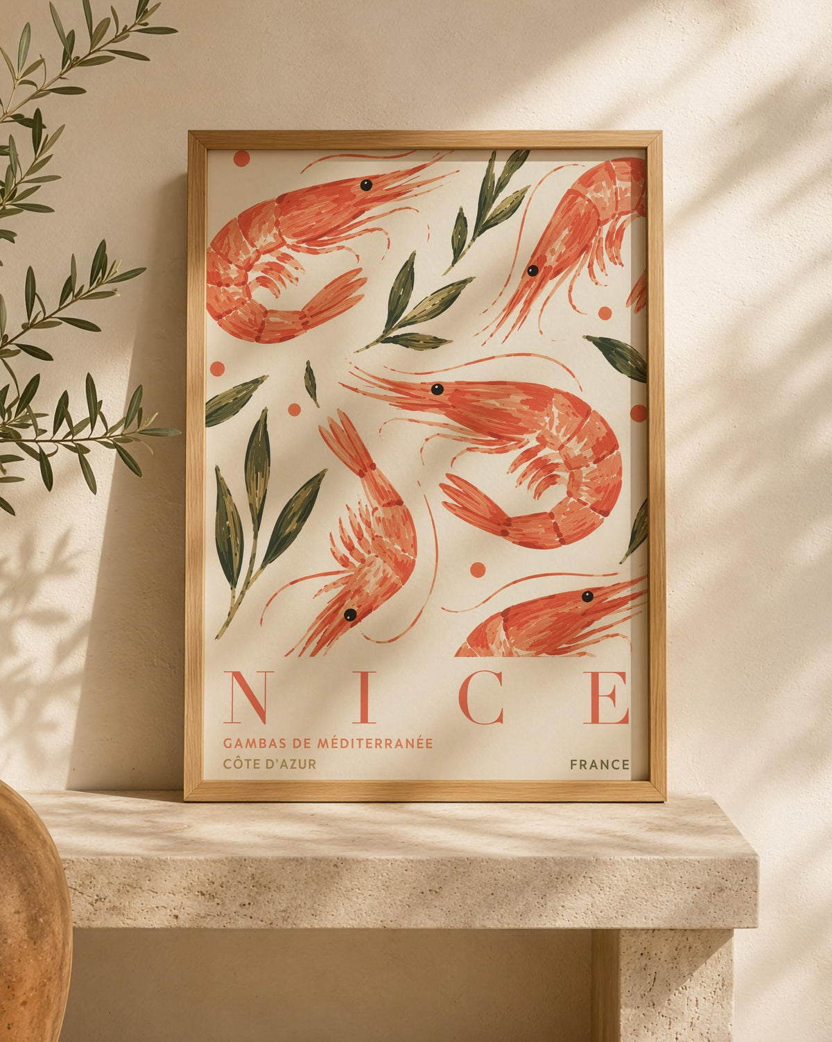 Nice France Travel Poster | Hand-Painted Shrimp, Côte d’Azur Coastal Art | Framed or Unframed